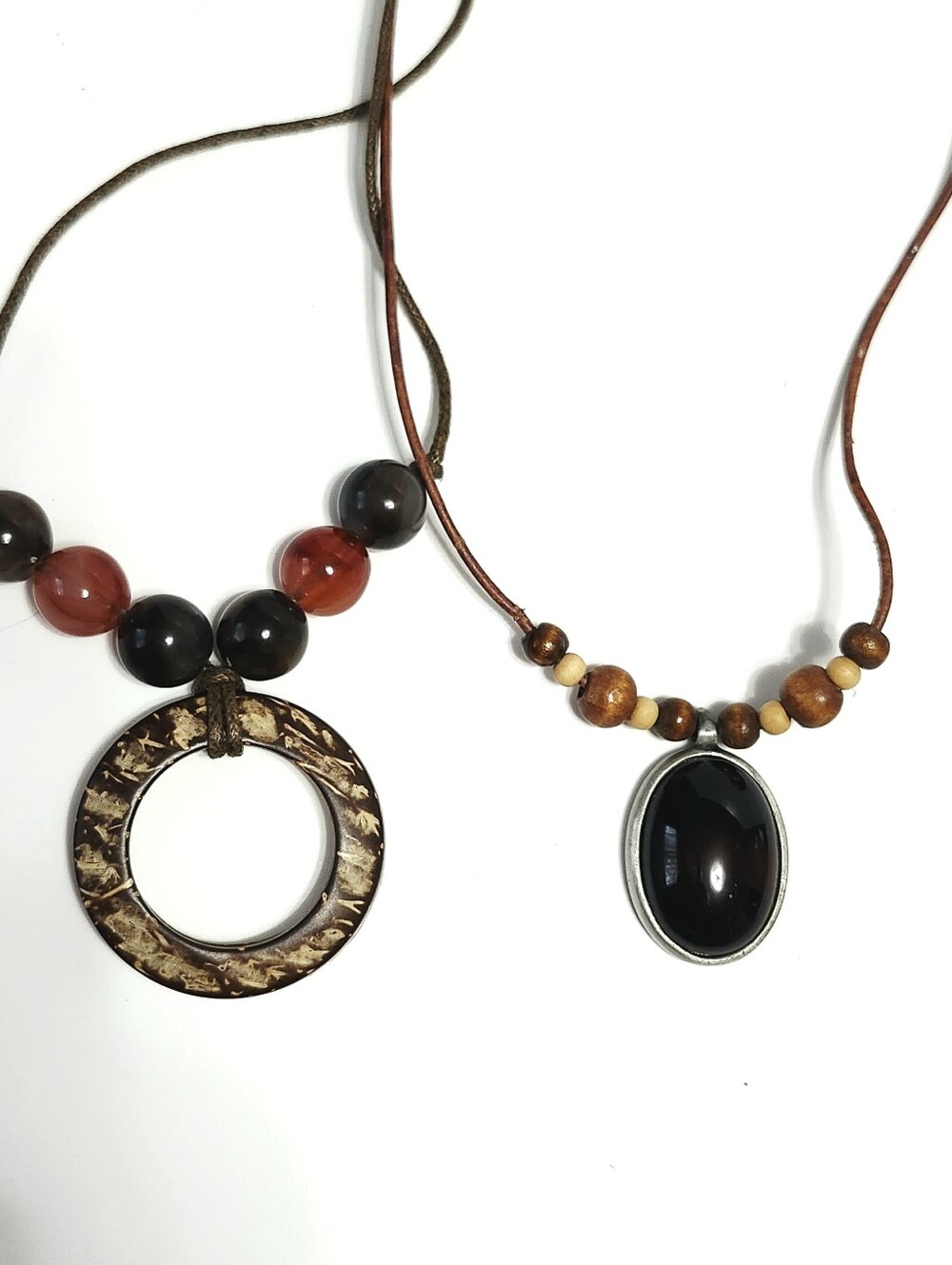 2pc New York Brown Cord and Circle Wood Beaded Necklace